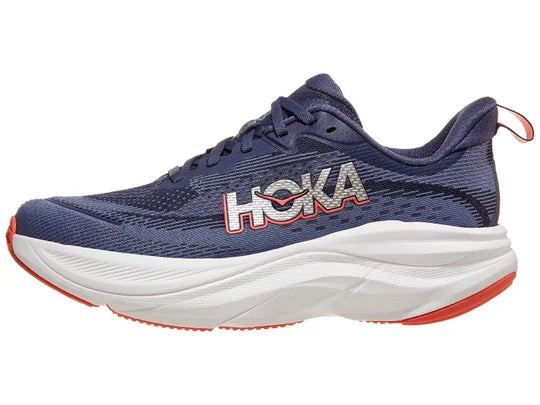 Women's Hoka Skyflow. Purple upper. White midsole. Lateral view. 