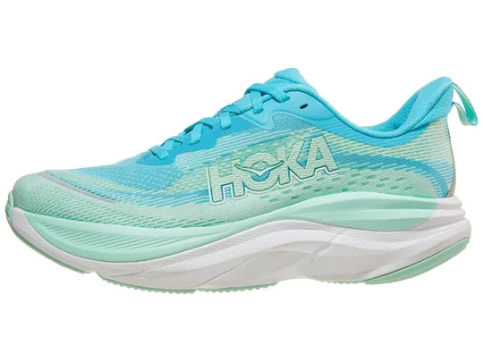 Women's Hoka Skyflow. Light Green/Light Blue upper. White midsole. Lateral view.