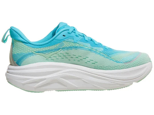 Women's Hoka Skyflow. Light Green/Light Blue upper. White midsole. Medial view.