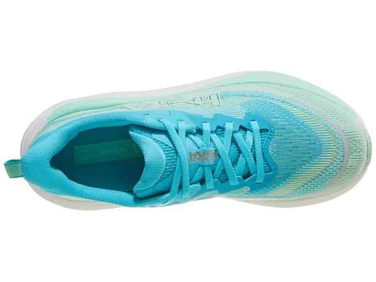 Women's Hoka Skyflow. Light Green/Light Blue upper. White midsole. Top view.
