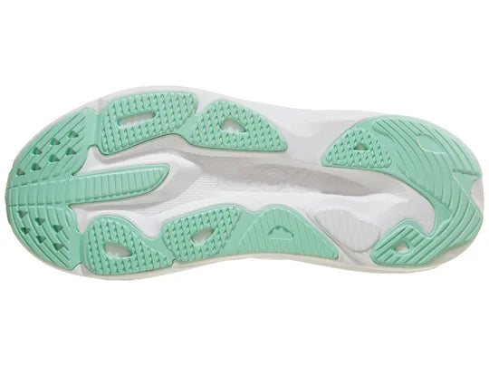 Women's Hoka Skyflow. Light Green/Light Blue upper. White midsole. Bottom view.