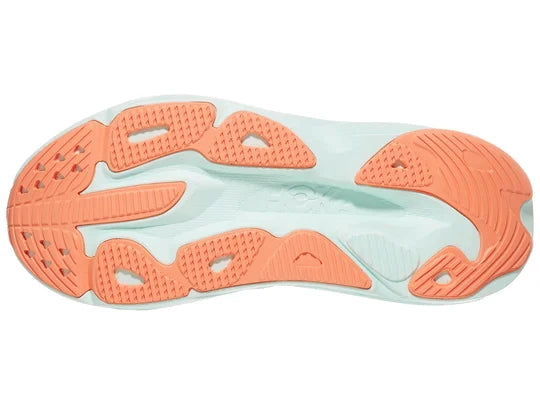 Women's Hoka Skyflow. Light Grey upper. Green/Off White midsole. Bottom view.