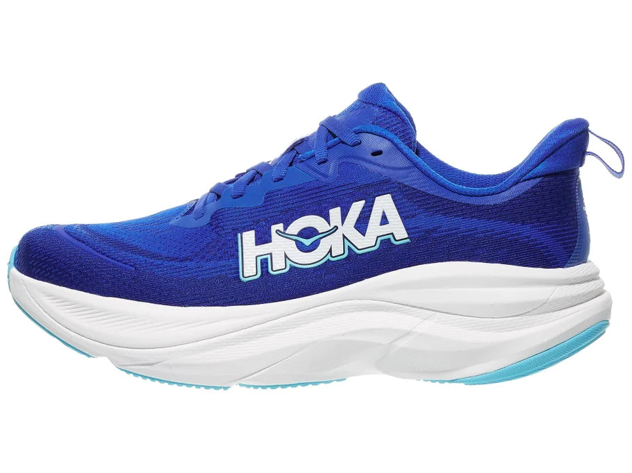 Women's Hoka Skyflow. Blue upper. White midsole. Lateral view.