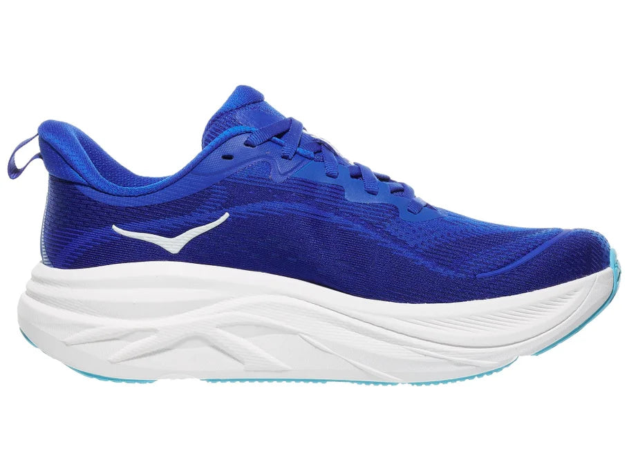Women's Hoka Skyflow. Blue upper. White midsole. Medial view.