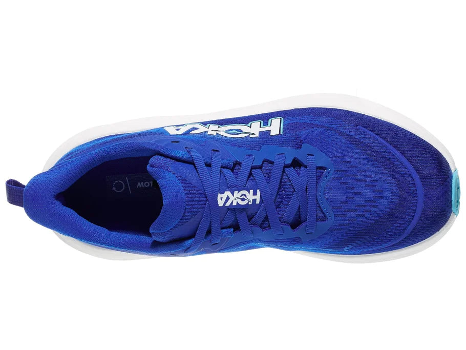 Women's Hoka Skyflow. Blue upper. White midsole. Top view.