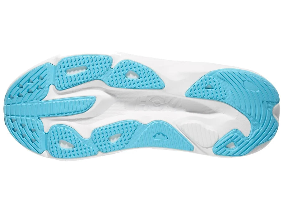 Women's Hoka Skyflow. Blue upper. White midsole. Bottom view.