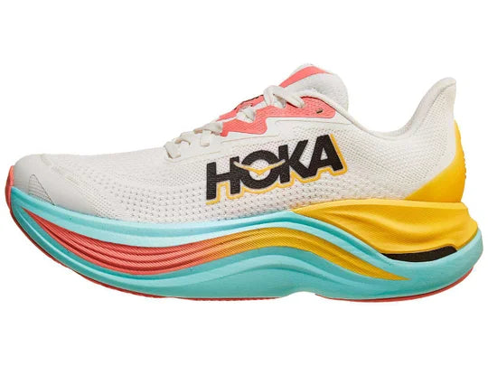 Women's Hoka Skyward X. White upper. Light Green Midsole. Lateral view.