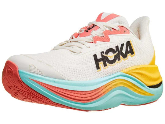 Women's Hoka Skyward X. White upper. Light Green Midsole. Lateral view.