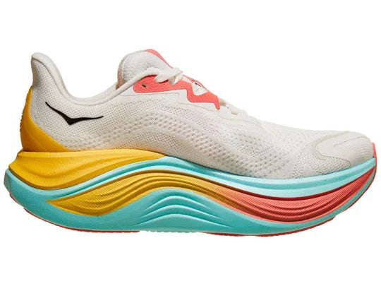 Women's Hoka Skyward X. White upper. Light Green Midsole. Medial view.