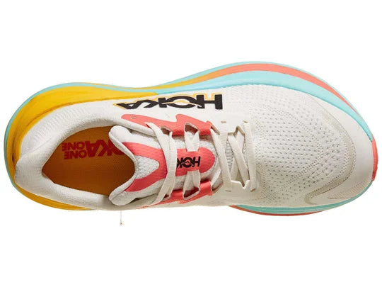 Women's Hoka Skyward X. White upper. Light Green Midsole. Top view.