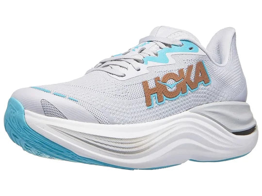 Women's Hoka Skyward X. Grey upper. Grey midsole. Lateral view.