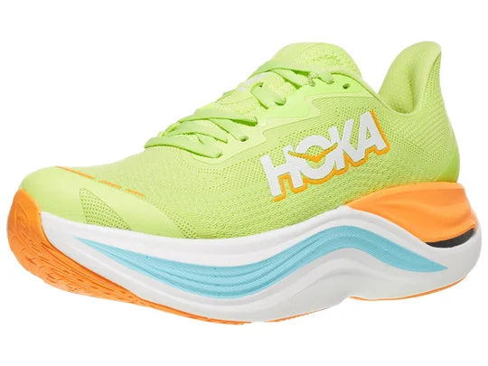 Women's Hoka Skyward X. Yellow upper. White midsole. Lateral view.