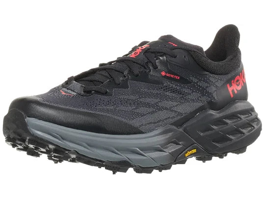 Women's Hoka Speedgoat 5 GTX Ice. Black upper. Black midsole. Lateral view.