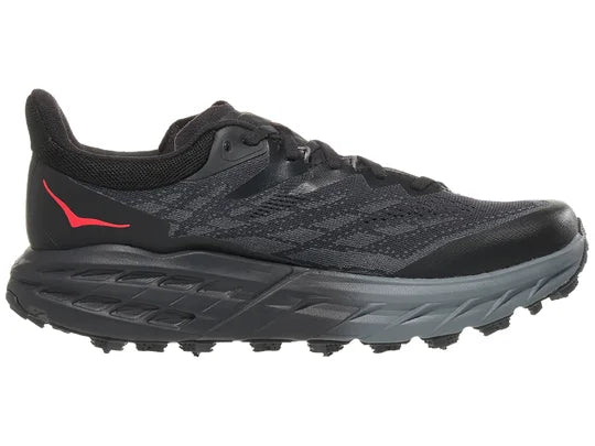 Women's Hoka Speedgoat 5 GTX Ice. Black upper. Black midsole. Medial view.