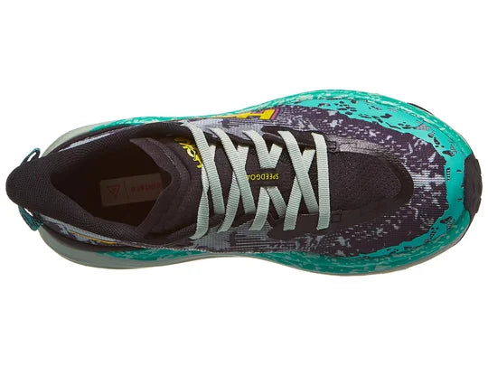 Pair of women's Hoka Speedgoat 6 shoes in Black/Aloe Vera, top view.