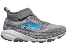 Women's Hoka Speedgoat 6 MID GTX. Grey upper. Grey midsole. Lateral view.