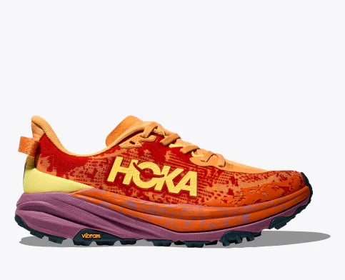 Women's Hoka Speedgoat 6. Red upper. Red/Purple midsole. Lateral view.
