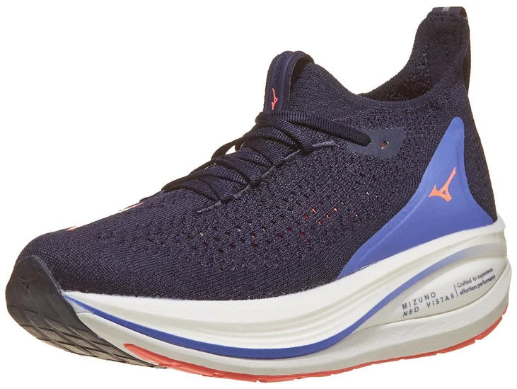 Women's Mizuno Neo Vista 2. Navy upper. White midsole. Lateral view.