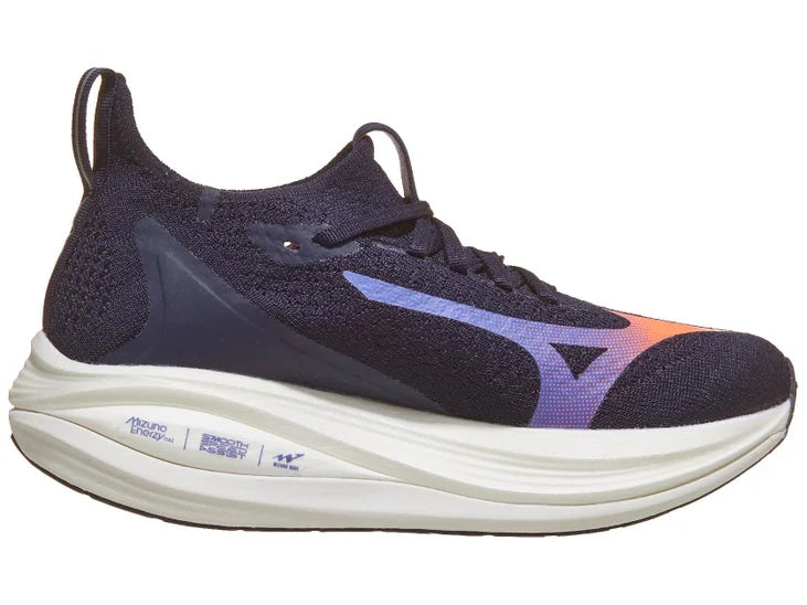 Women's Mizuno Neo Vista 2. Navy upper. White midsole. Medial view.