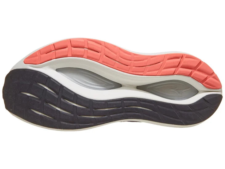 Women's Mizuno Neo Vista 2. Navy upper. White midsole. Bottom view.