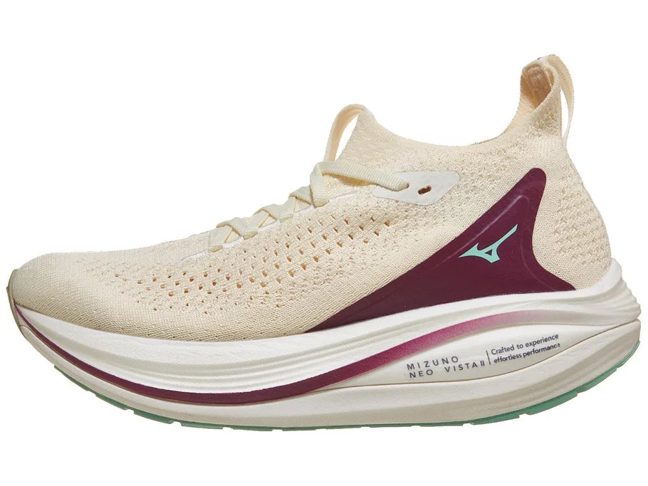 Women's Mizuno Neo Vista 2. Off White upper. White midsole. Lateral view.
