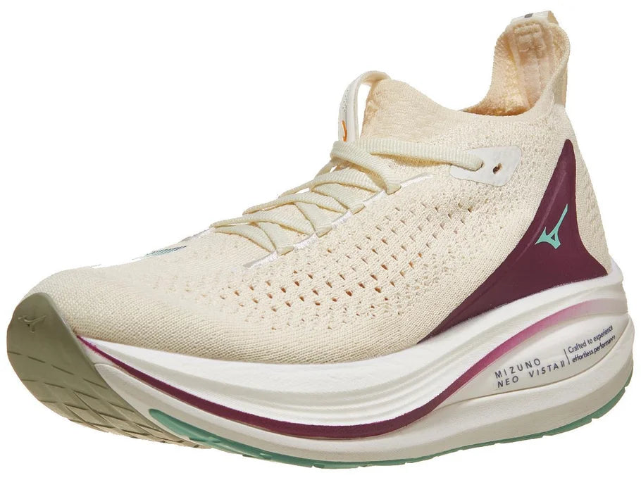 Women's Mizuno Neo Vista 2. Off White upper. White midsole. Lateral view.