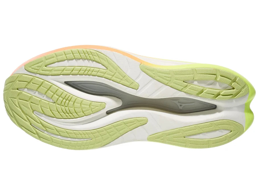 Women's Mizuno Neo Vista 3. White upper. White midsole. Bottom view.