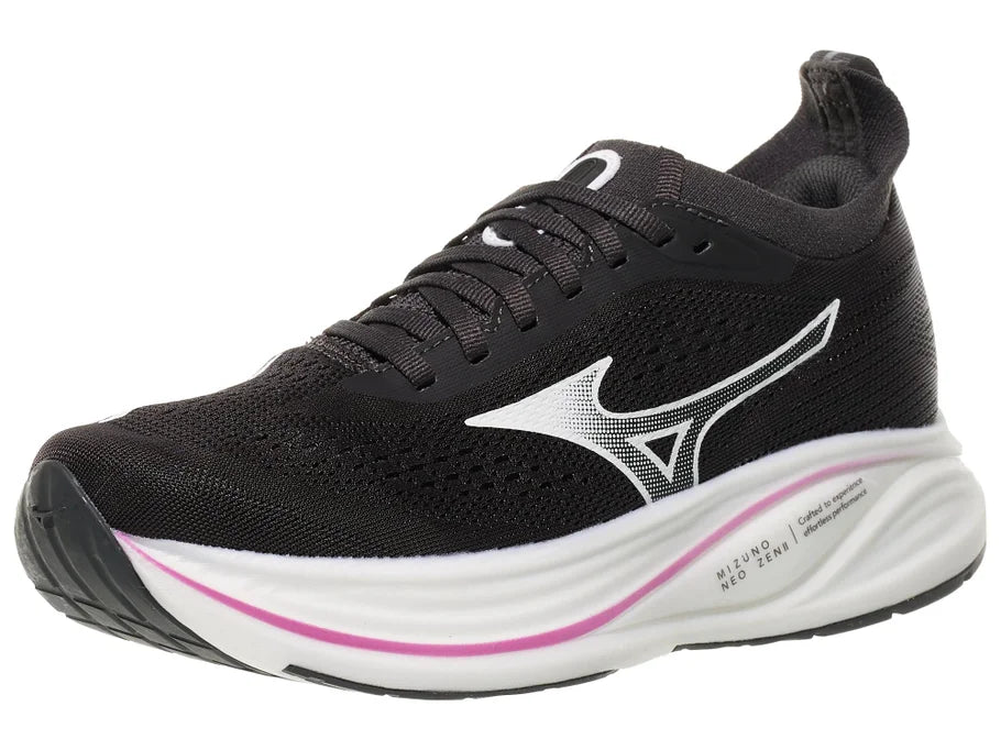 Women's Mizuno Neo Zen 2. Black upper. White midsole. Lateral view.