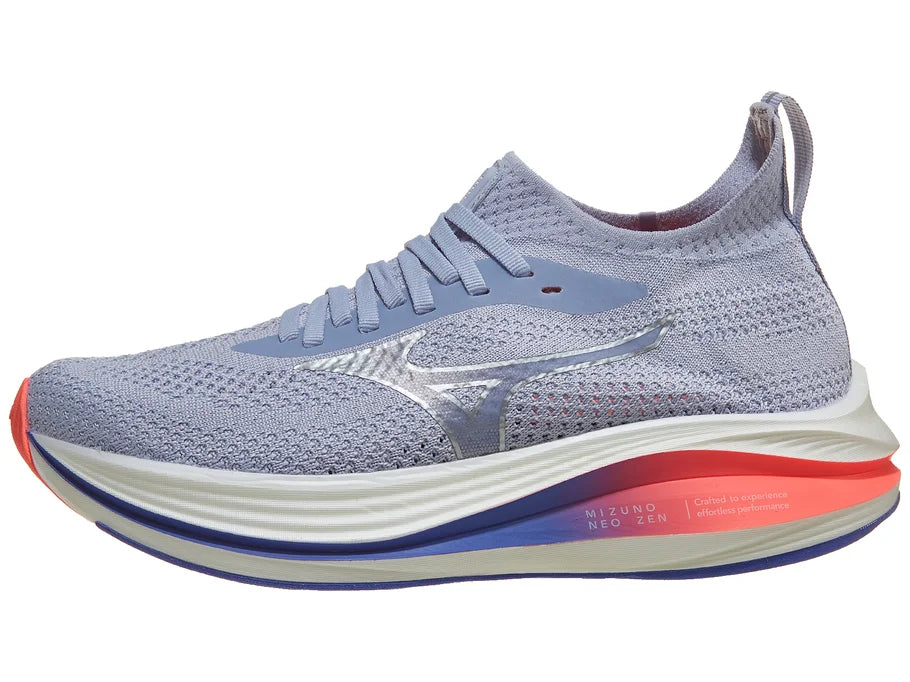 Women's Mizuno Neo Zen. Light Blue upper. White midsole. Lateral view.