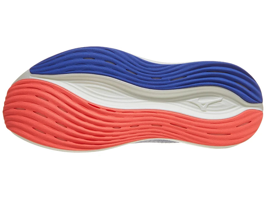 Women's Mizuno Neo Zen. Light Blue upper. White midsole. Bottom view.