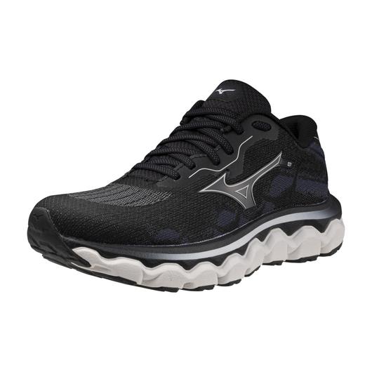Women's Mizuno Wave Horizon 7. Black upper. White midsole. Lateral view.