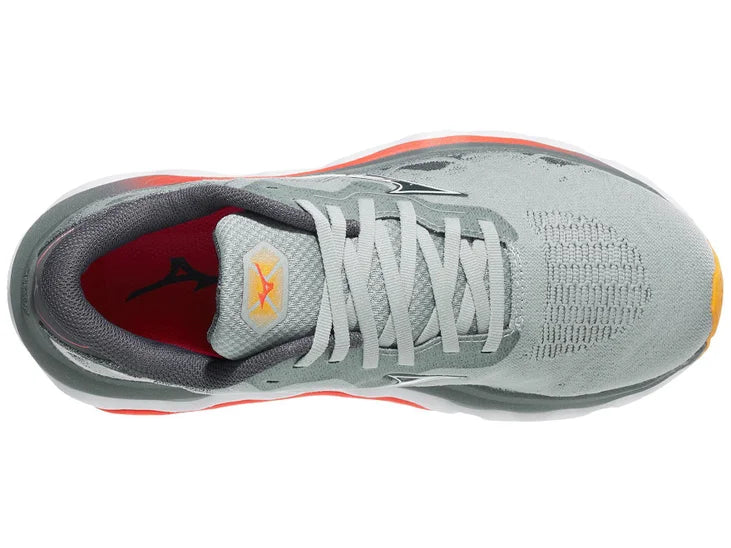 Women's Mizuno Wave Horizon 7 in Grey Mist/White, top view.