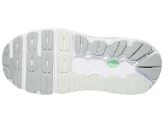 Women's Mizuno Wave Horizon 8. Light Green/Blue upper. Light Green/White midsole. Bottom view.