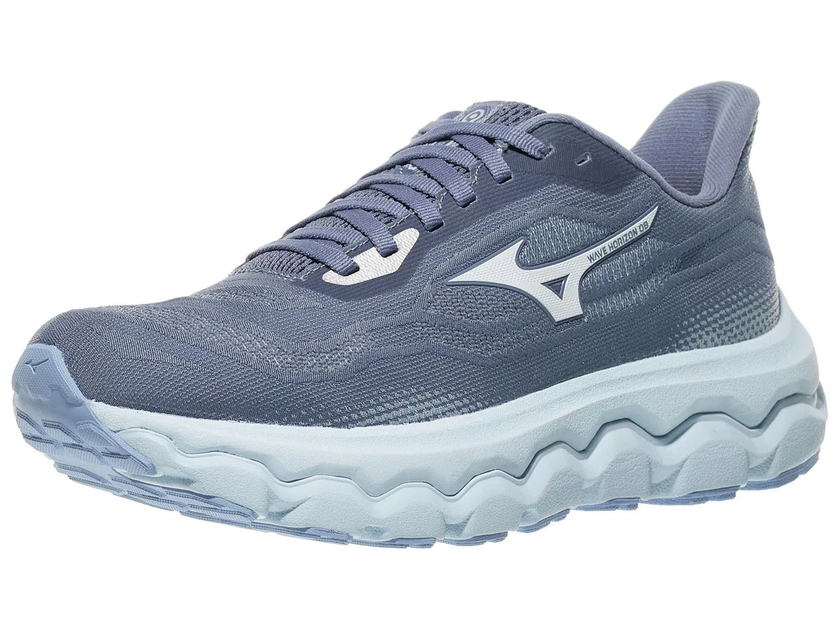 Women's Mizuno Wave Horizon 9. Grey upper. Light blue midsole. Lateral view.