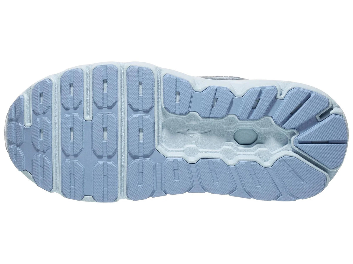 Women's Mizuno Wave Horizon 9. Grey upper. Light blue midsole. Bottom view.