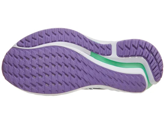 Women's Mizuno Wave Inspire 21. Green/Grey upper. White midsole. Bottom view.