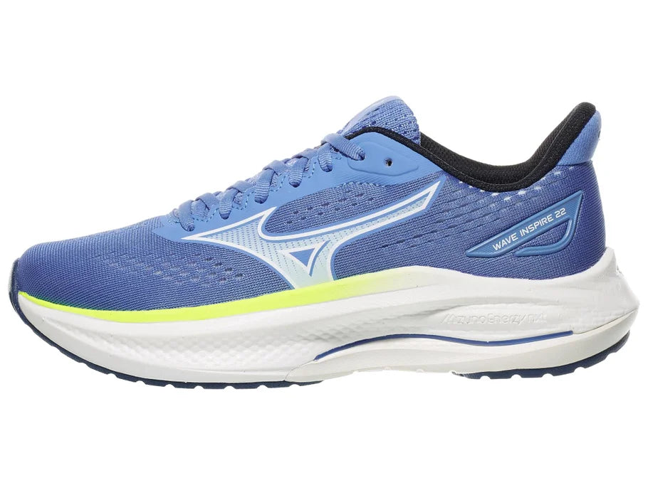 Women's Mizuno Wave Inspire 22. Blue upper. White midsole. Lateral view.