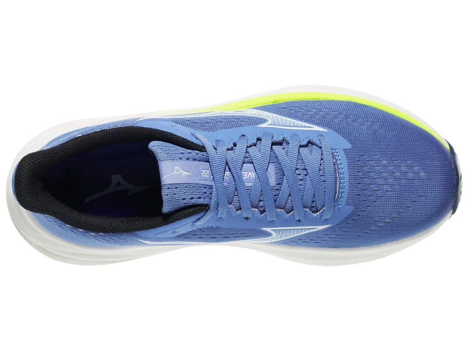Women's Mizuno Wave Inspire 22. Blue upper. White midsole. Top view.