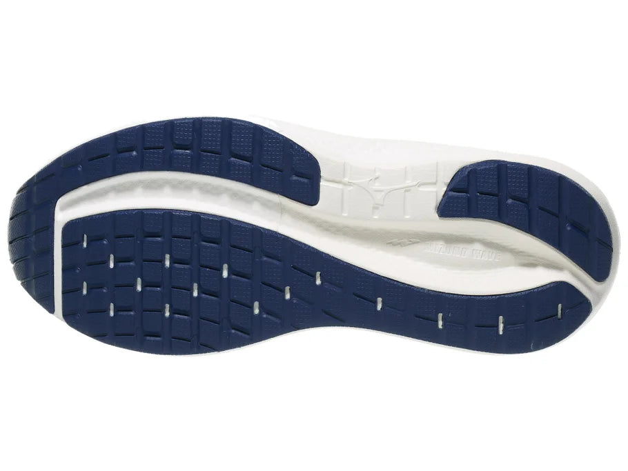 Women's Mizuno Wave Inspire 22. Blue upper. White midsole. Bottom view.
