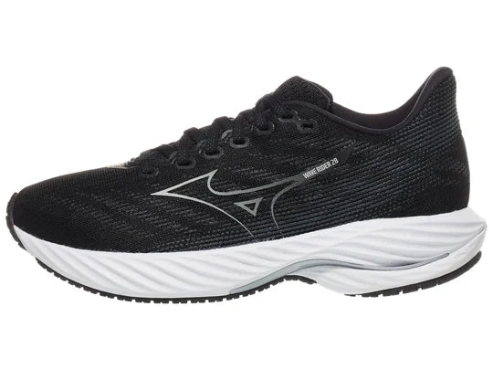 Women's Mizuno Wave Rider 28. Black upper. White midsole. Lateral view.