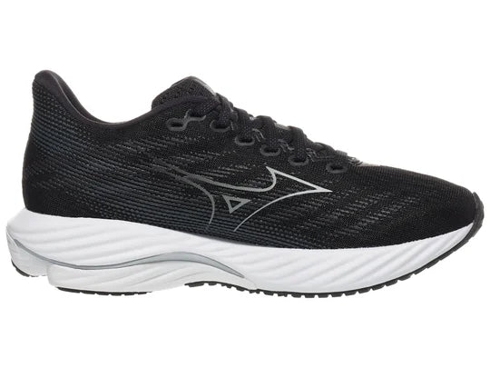 Women's Mizuno Wave Rider 28. Black upper. White midsole. Medial view.