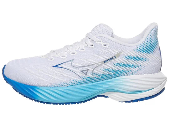 Women's Mizuno Wave Rider 28. White upper. Blue midsole. Lateral view.