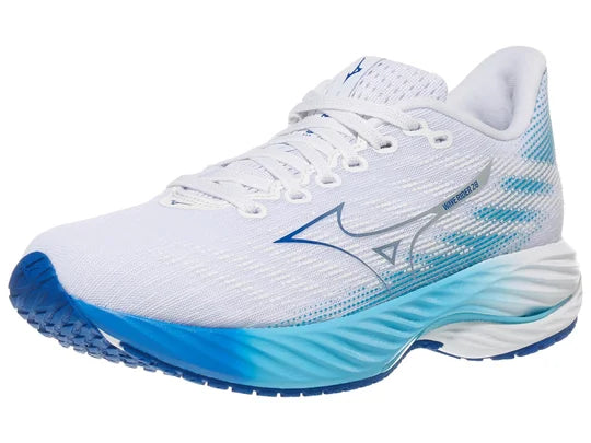 Women's Mizuno Wave Rider 28. White upper. Blue midsole. Lateral view.