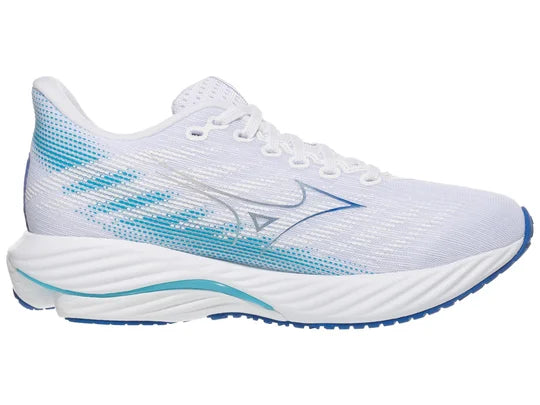 Women's Mizuno Wave Rider 28. White upper. Blue midsole. Medial view.