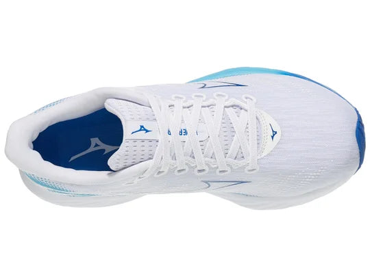 Women's Mizuno Wave Rider 28. White upper. Blue midsole. Top view.