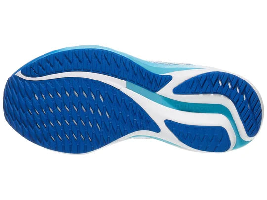 Women's Mizuno Wave Rider 28. White upper. Blue midsole. Bottom view.