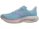 Women's Mizuno Wave Rider 29. Blue/Green upper. White midsole. Lateral view.