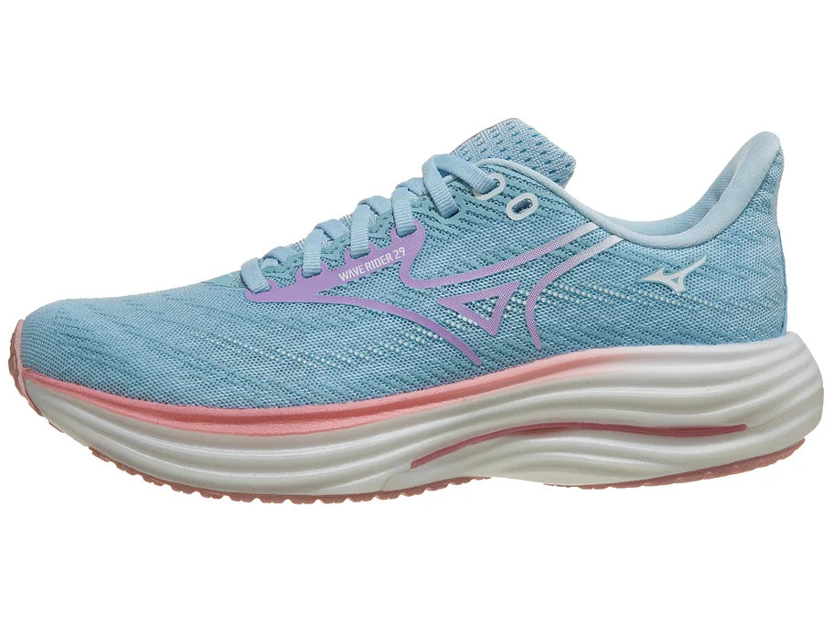 Women's Mizuno Wave Rider 29. Blue/Green upper. White midsole. Lateral view.
