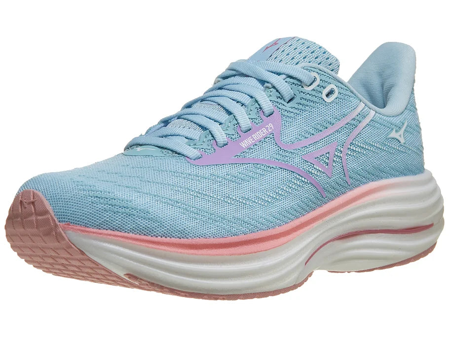 Women's Mizuno Wave Rider 29. Blue/Green upper. White midsole. Lateral view.