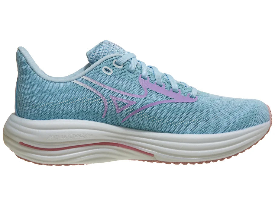 Women's Mizuno Wave Rider 29. Blue/Green upper. White midsole. Medial view.